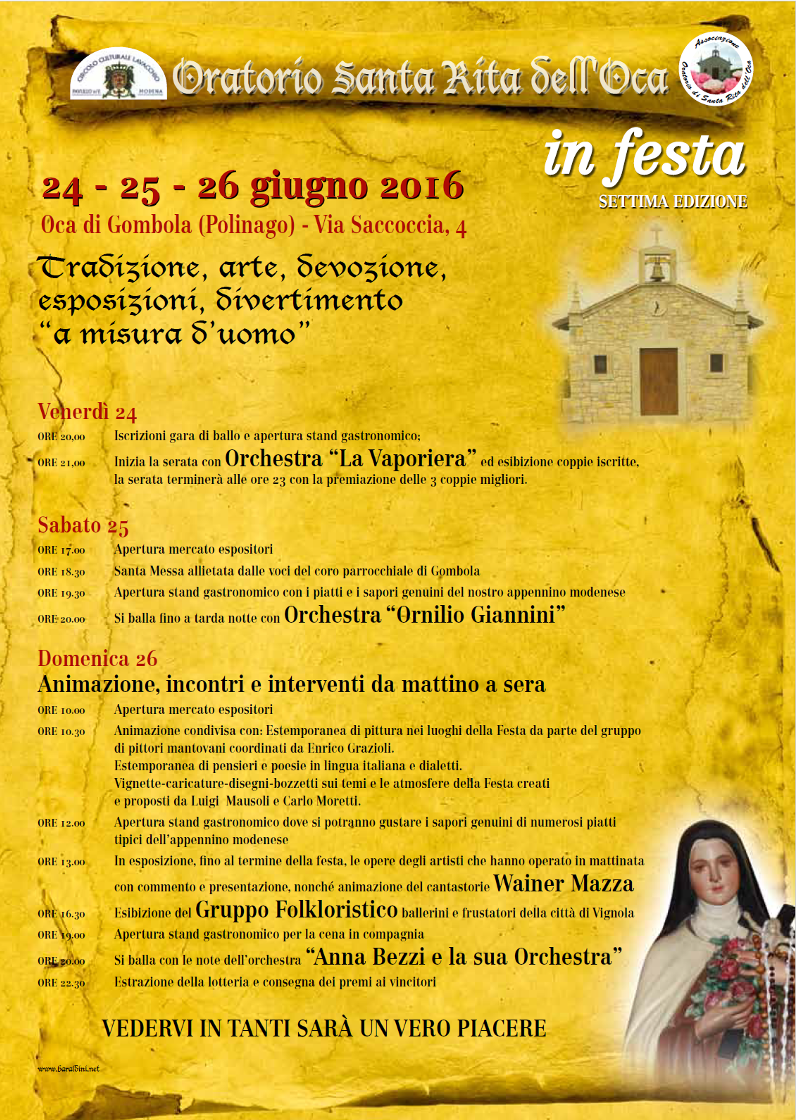 Programma della Festa dell'Oratorio di santa Rita dell'Oca - 2016